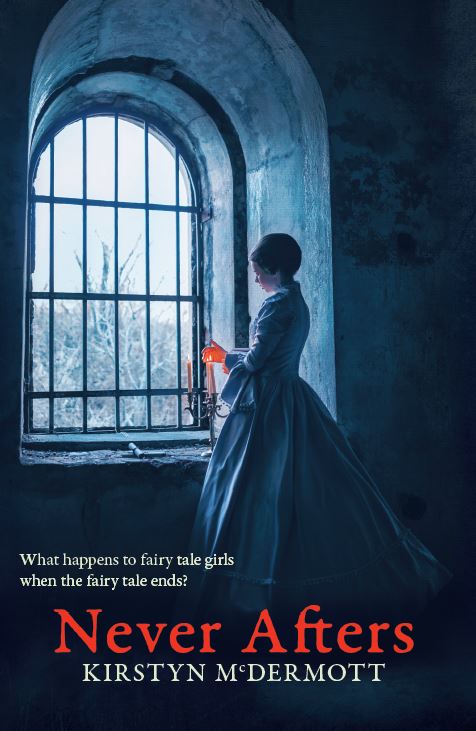 Cover of Never Afters by Kirstyn McDermott. An illustration of a young woman in a long gown standing before a large arched window as you might found in a castle. She is lighting a candle on a stand and looking out over a winter landscape of snow and leafless trees.