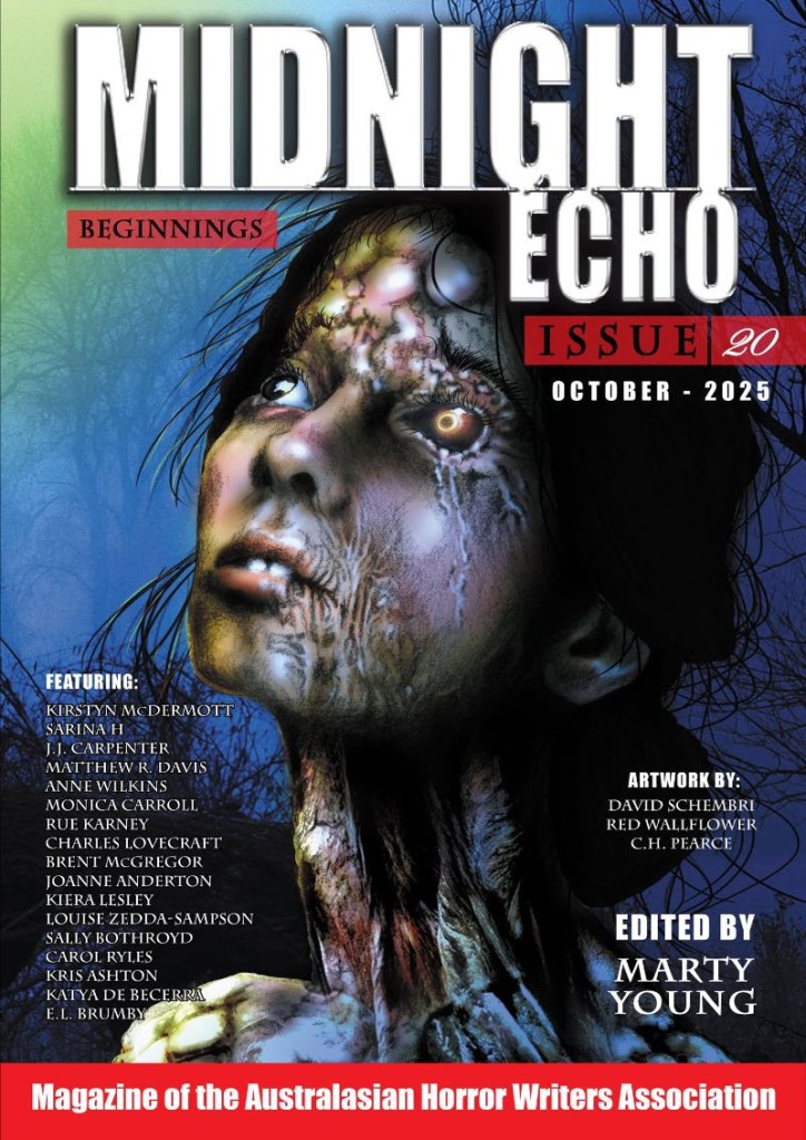 Cover of Midnight Echo 20, artwork created by David Schembri. The image depicts the head and shoulders of a young woman with her features slowly rotting, possibly in the throes of a hideous disease. She is staring up at the sky as though salvation may yet come.